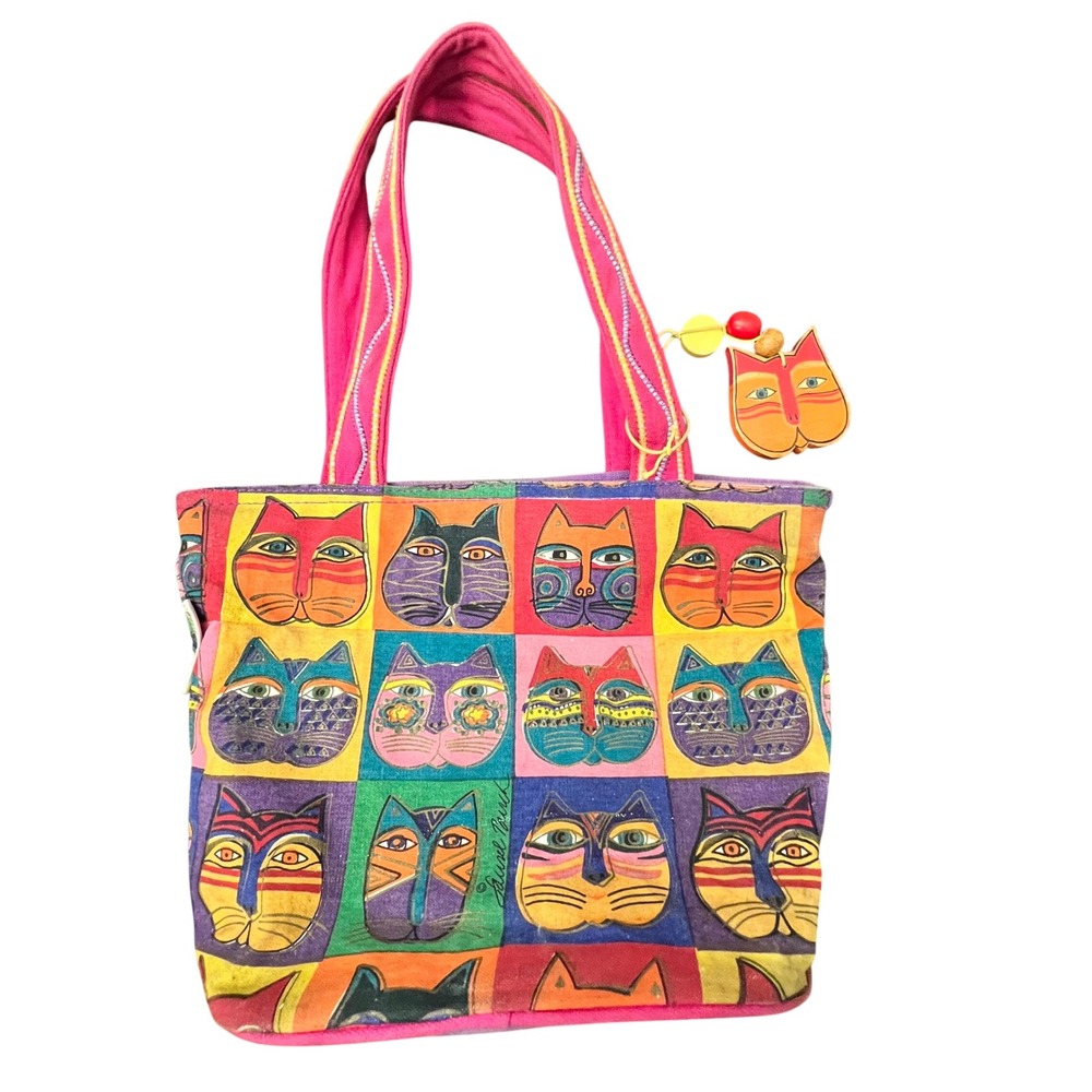 Laurel Burch Vintage Canvas Tote Bag Colorful Cat Faces Art Collectible Keychain
